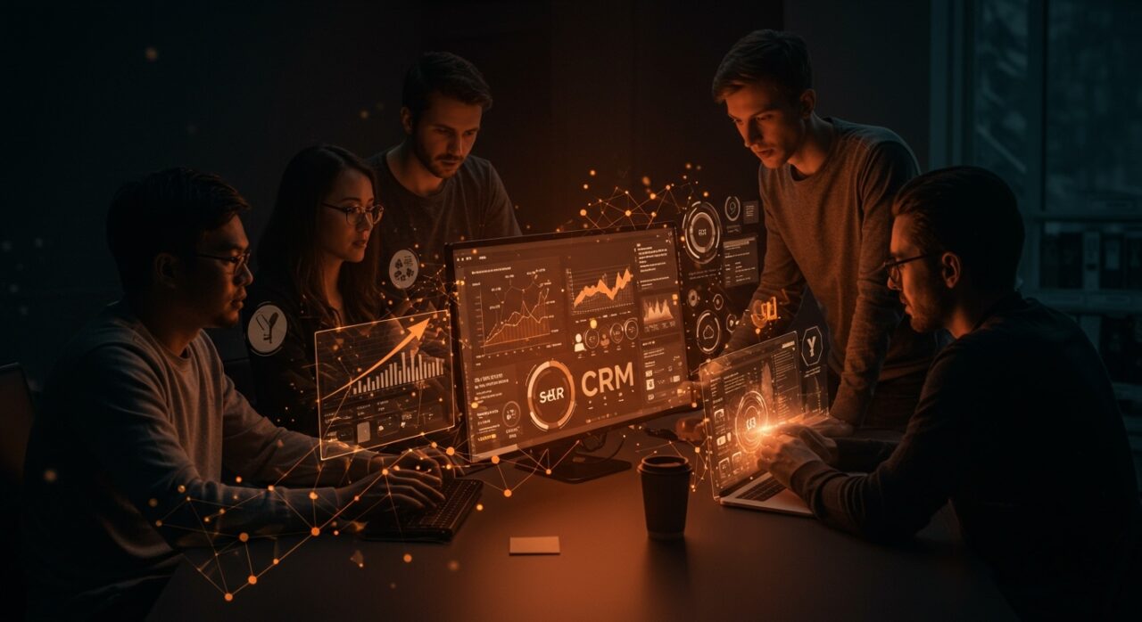 Fundadores de startups colaborando con un CRM nativo en inteligencia artificial en un entorno digital avanzado, destacando innovación y automatización para el ecosistema startup.
