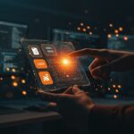 Interfaz virtual futurista mostrando el stack de entrada de Linux y automatización para startups en un entorno tecnológico moderno.