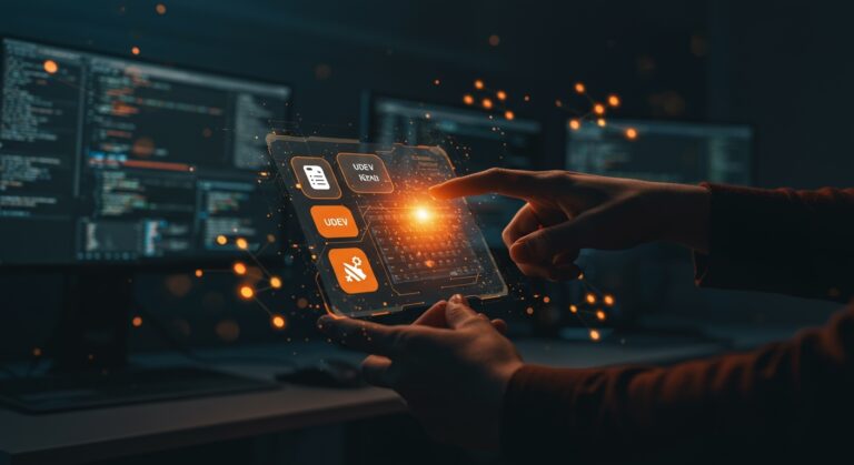 Interfaz virtual futurista mostrando el stack de entrada de Linux y automatización para startups en un entorno tecnológico moderno.