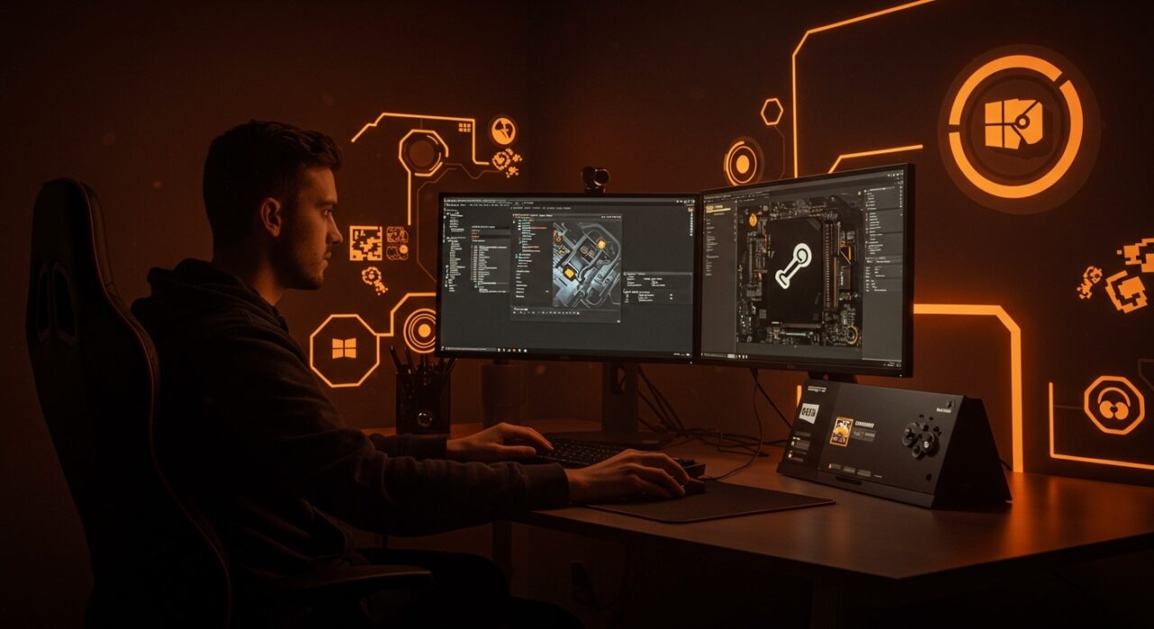 Fundador tecnológico usando Linux para gaming en un entorno moderno con Steam Deck y hardware tecnológico en la paleta naranja y negro de Ecosistema Startup.