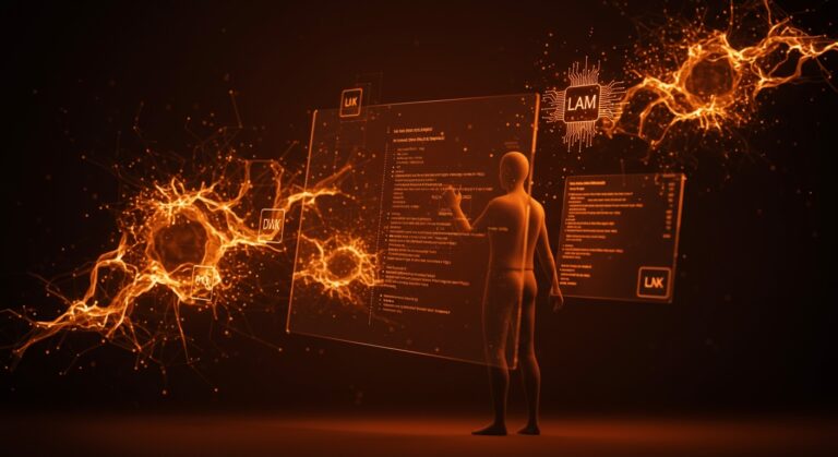 Ilustración conceptual de inteligencia artificial creando intérpretes con LLM y programación funcional para automatización y desarrollo de software.