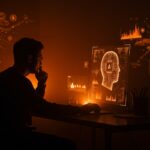 Imagen conceptual destacando los riesgos éticos de IA y ChatGPT para startups, con un fundador analizando advertencias digitales en tonos naranja y negro.