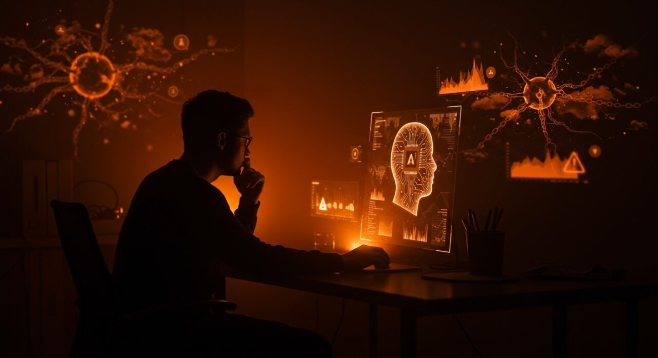 Imagen conceptual destacando los riesgos éticos de IA y ChatGPT para startups, con un fundador analizando advertencias digitales en tonos naranja y negro.