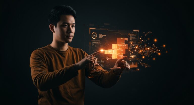 Founder de startup tech creando software no-code impulsado por inteligencia artificial en un entorno digital innovador.