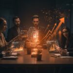 Reunión corporativa con interfaces holográficas que representan IA aplicada y crecimiento de usuarios en tecnología SaaS.