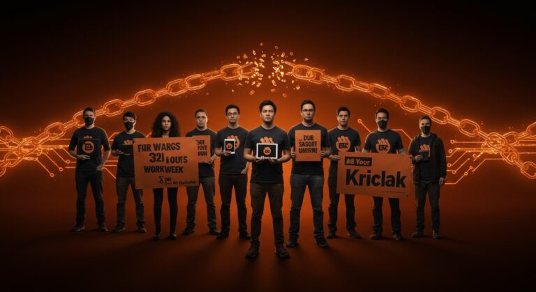 Trabajadores tech unidos demandando salarios dignos y semana laboral reducida en Kickstarter, simbolizando justicia y equidad laboral en la industria tecnológica.