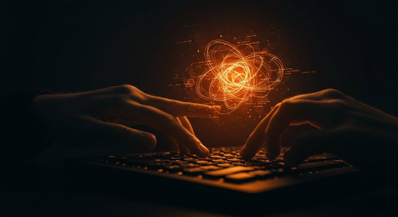 Macro recursivas en C representadas como estructuras de código holográfico en naranja y negro, destacando metaprogramación y optimización en desarrollo de software.