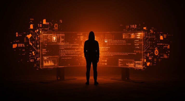 Silueta de hacker ante pantalla holográfica que representa la cultura e innovación en seguridad del Manifiesto del Hacker en startups.