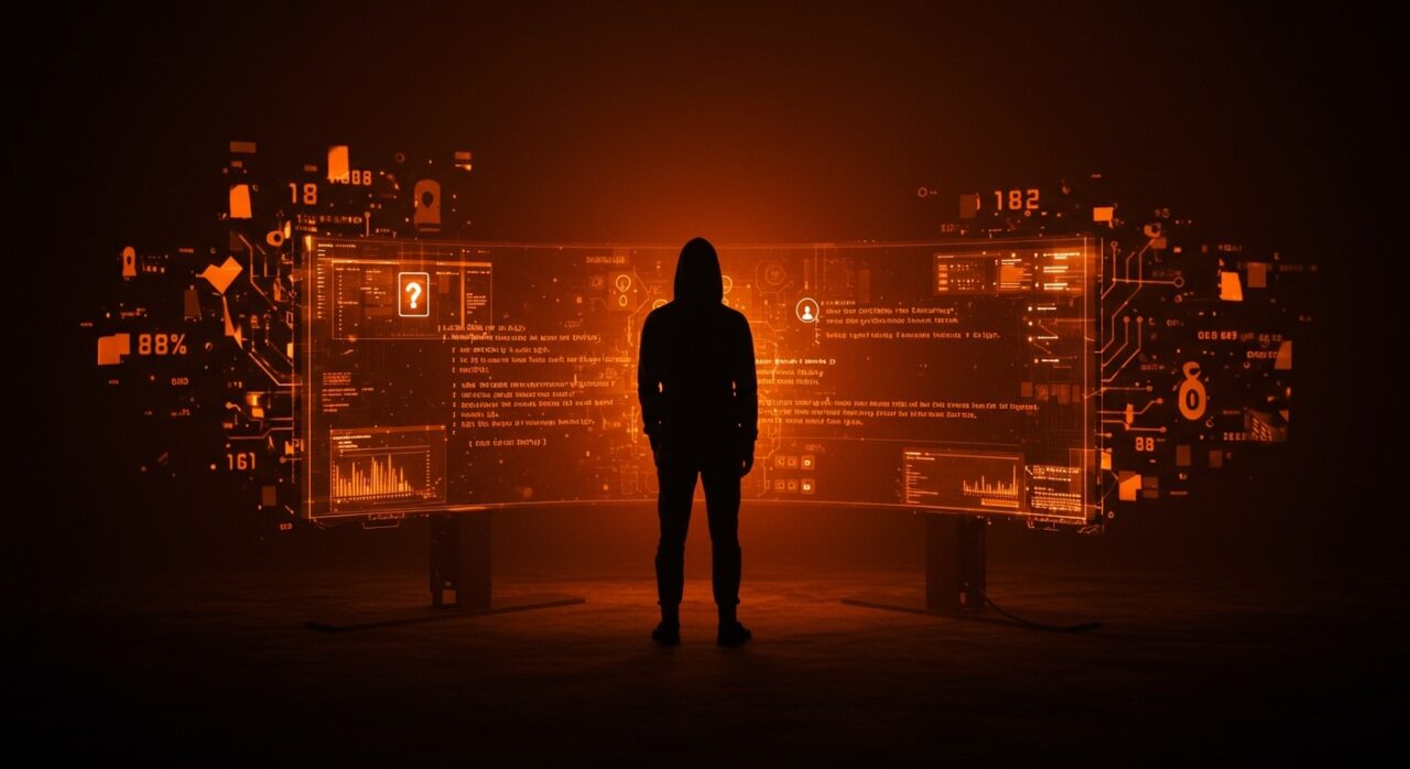 Silueta de hacker ante pantalla holográfica que representa la cultura e innovación en seguridad del Manifiesto del Hacker en startups.