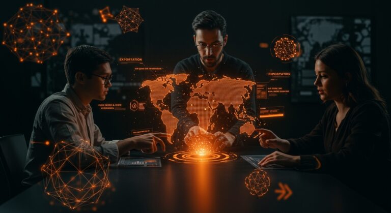 Equipo de startup interactuando con modelo de mundo 3D usando IA multimodal para creación y edición, en ambiente tecnológico con paleta naranja y negro.