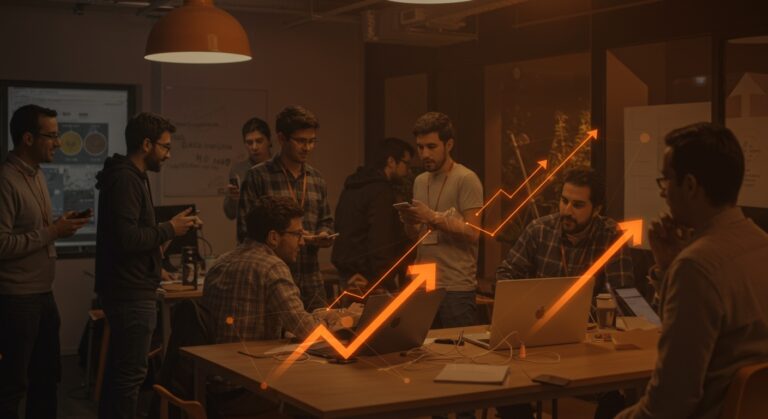 Emprendedores e inversores en Chile conectando y presentando innovadoras startups en un evento de networking y pitch.