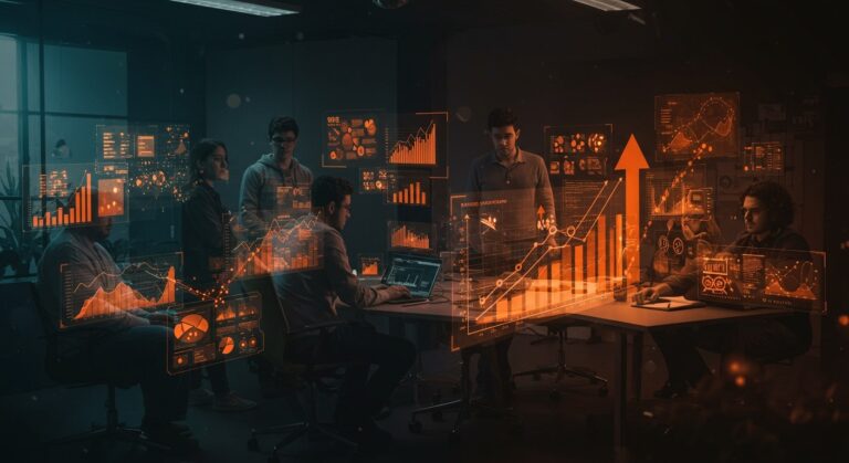 Equipo de founders colaborando en el ecosistema de startups de Medellín con representaciones visuales de crecimiento, innovación y financiación.