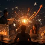 Ecosistema startup de Medellín mostrando empresarios colaborando con gráficos de crecimiento y tecnología, destacando innovación y expansión en Colombia.