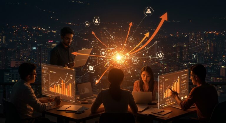 Ecosistema startup de Medellín mostrando empresarios colaborando con gráficos de crecimiento y tecnología, destacando innovación y expansión en Colombia.