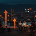 Ecosistema de startups en Medellín mostrando innovación y crecimiento tecnológico con emprendedores colaborando y elementos visuales de expansión.