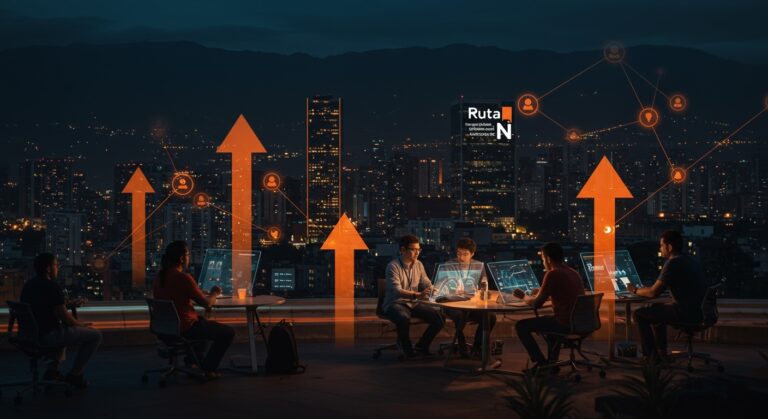 Ecosistema de startups en Medellín mostrando innovación y crecimiento tecnológico con emprendedores colaborando y elementos visuales de expansión.