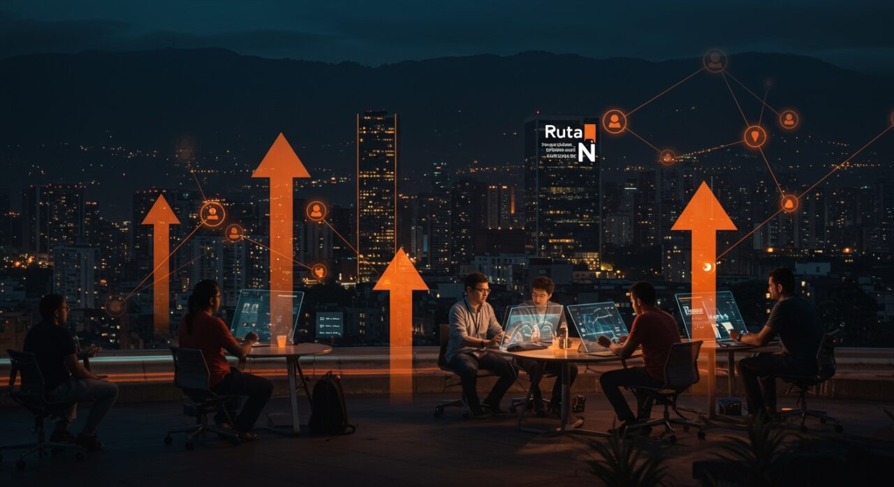 Ecosistema de startups en Medellín mostrando innovación y crecimiento tecnológico con emprendedores colaborando y elementos visuales de expansión.