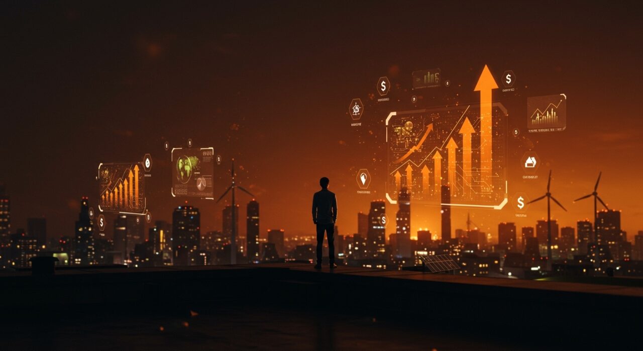 Fundador observando tecnologías limpias y crecimiento de inversión en tecnología climática en un entorno urbano futurista.