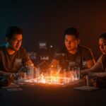 Fundadores de startups colaborando sobre un holograma de ciudades líderes para startups en 2025 resaltando oportunidades e inversión en ecosistemas globales.