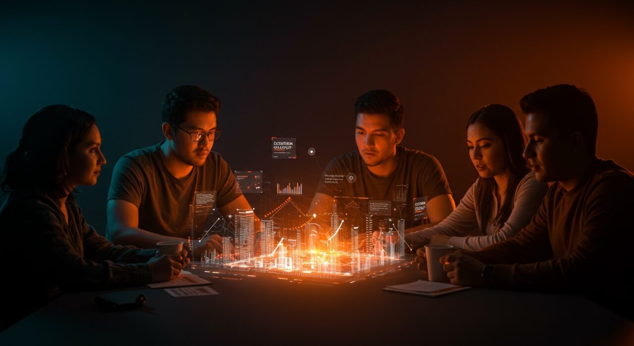 Fundadores de startups colaborando sobre un holograma de ciudades líderes para startups en 2025 resaltando oportunidades e inversión en ecosistemas globales.