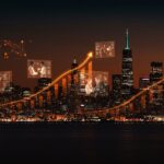 Ciudades líderes para startups en 2025 con metrópolis iluminadas en naranja y negro, representando inversión, innovación y ecosistema emprendedor global.