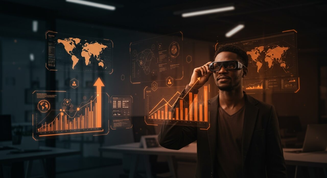 Head of Growth con smart glasses inteligentes en ambiente tecnológico, representando crecimiento y expansión global de startup YC MentraOS.