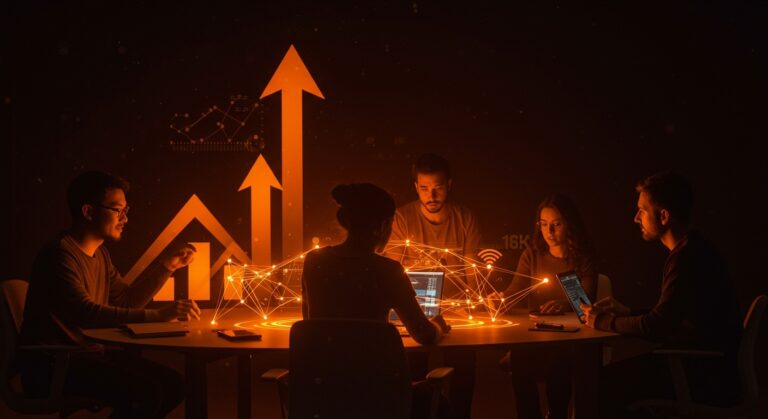 Comunicación mesh para startups tecnológicas demostrada con interfaz digital de red descentralizada y conexiones IoT en colores naranja y negro.