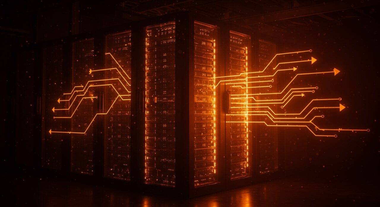Data center iluminado en tonos naranja y negro con flujos eléctricos representando el comercio de electricidad sostenible de Meta y su impacto en el ecosistema startup.
