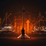 Impacto regulatorio tras juicio antimonopolio a Meta en la industria tech, ilustrado con fundador frente a balanza digital y elementos de regulación y startups.