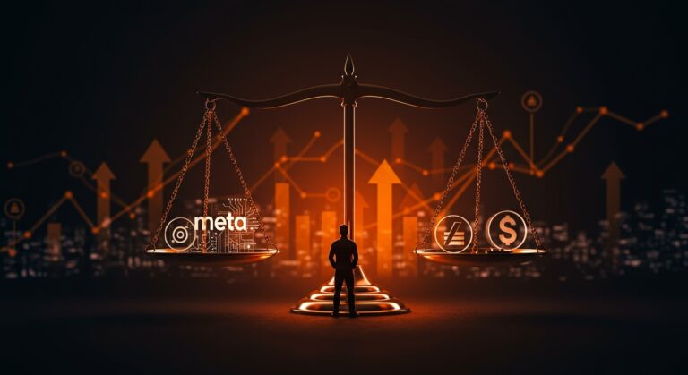 Impacto regulatorio tras juicio antimonopolio a Meta en la industria tech, ilustrado con fundador frente a balanza digital y elementos de regulación y startups.