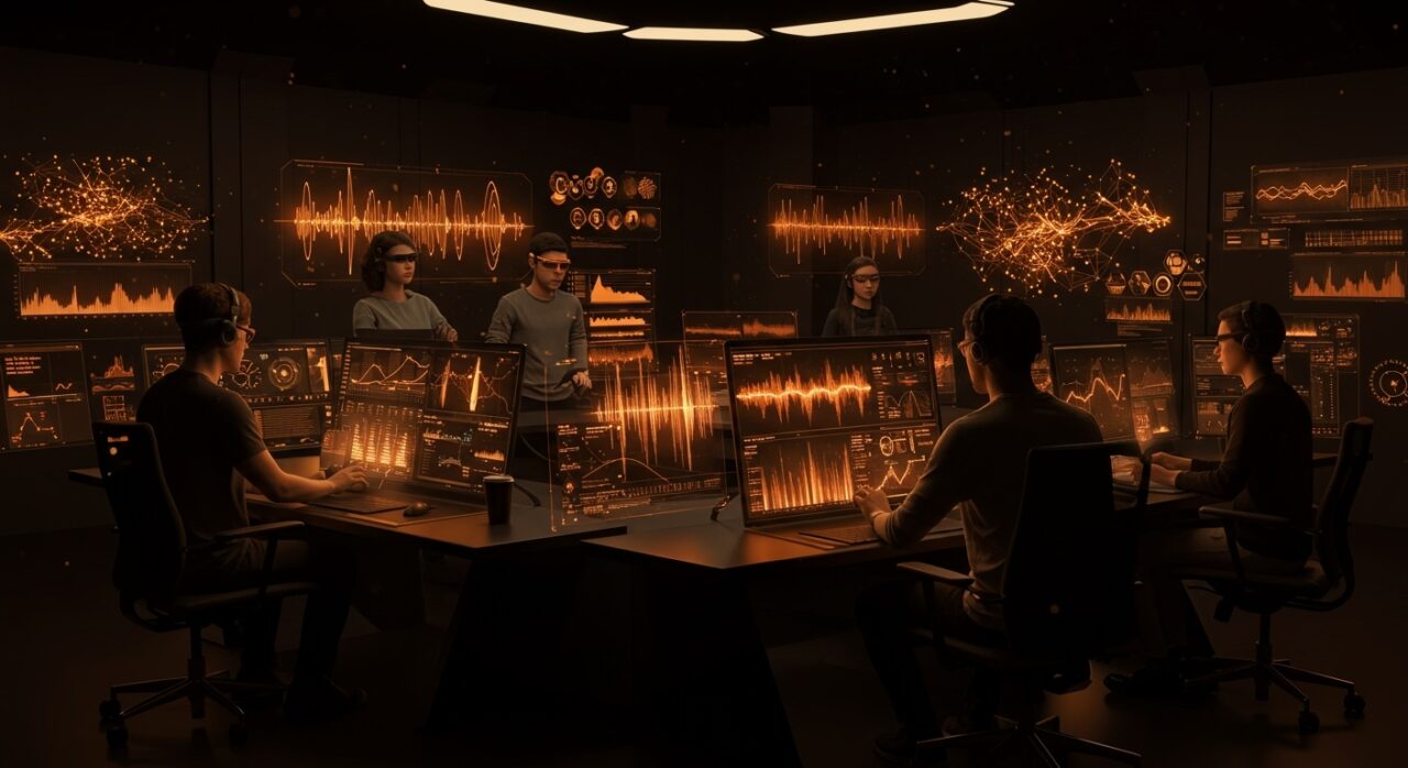 Interfaz futurista mostrando tecnología de reconocimiento de voz multilingüe de IA open source de Meta para startups tecnológicas.