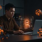 Emprendedor interactuando con interfaz holográfica que muestra IA de autoaprendizaje y razonamiento con el framework Meta SPICE para startups tech en LATAM.