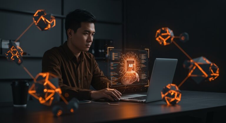 Emprendedor interactuando con interfaz holográfica que muestra IA de autoaprendizaje y razonamiento con el framework Meta SPICE para startups tech en LATAM.