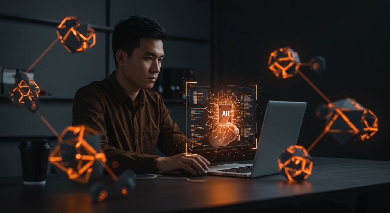 Emprendedor interactuando con interfaz holográfica que muestra IA de autoaprendizaje y razonamiento con el framework Meta SPICE para startups tech en LATAM.