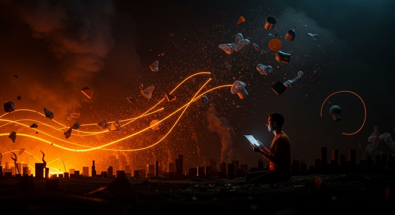 Microplásticos en el aire sobre ciudad urbana, simbolizando el impacto ambiental y oportunidades para startups de tecnología limpia e innovación sostenible.