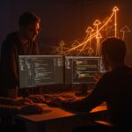 Fundadores de startups tech discutiendo trade-offs entre microservicios y programación orientada a objetos para arquitectura de software escalable.