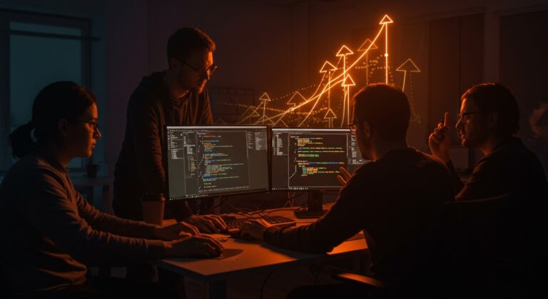 Fundadores de startups tech discutiendo trade-offs entre microservicios y programación orientada a objetos para arquitectura de software escalable.