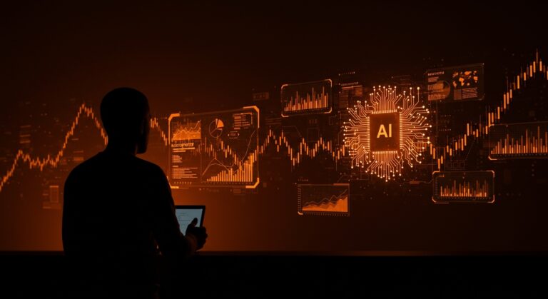 Ilustración digital de agentes de inteligencia artificial en un mercado sintético destacando la innovación y pruebas tecnológicas de Microsoft.