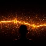 Modelo de razonamiento en inteligencia artificial representado con redes neuronales y flujos de datos en tonos naranja y negro, explorando el pensamiento computacional a gran escala.