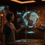 Modelos del mundo en IA representados con investigadores y hologramas en laboratorio futurista, destacando simulación y realidad virtual.