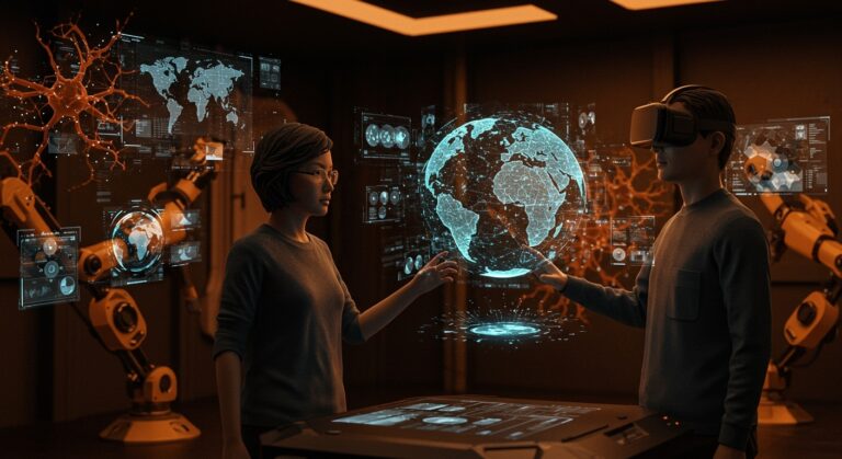 Modelos del mundo en IA representados con investigadores y hologramas en laboratorio futurista, destacando simulación y realidad virtual.