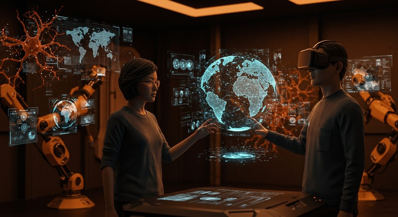 Modelos del mundo en IA representados con investigadores y hologramas en laboratorio futurista, destacando simulación y realidad virtual.