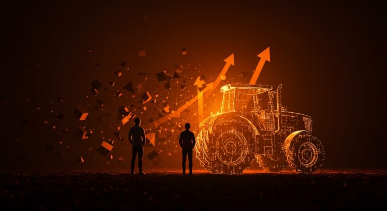 Fundador de startup hardware frente a un tractor digital, ilustrando pivot y despidos en Monarch Tractor con lecciones para emprendedores tech en LATAM.