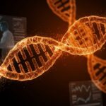 Visualización en primer plano de ADN en mosaicismo genético con bioinformática avanzada, representando innovaciones en biotecnología y salud.