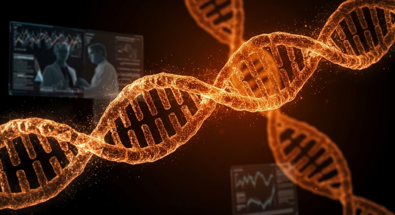 Visualización en primer plano de ADN en mosaicismo genético con bioinformática avanzada, representando innovaciones en biotecnología y salud.