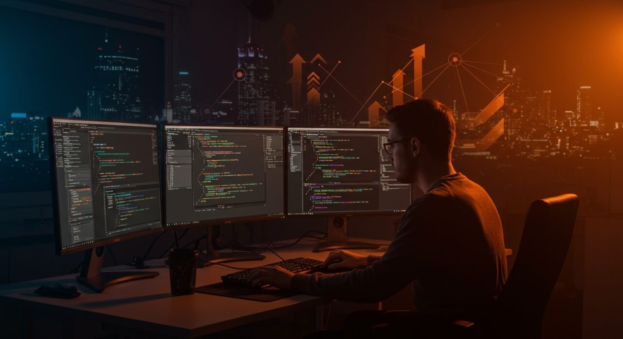 Founder tech motivado practicando LeetCode rodeado de símbolos digitales de comunidad y desarrollo profesional en la industria tecnológica.