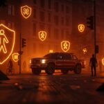 Camioneta americana transitando en ciudad europea, ilustrando los desafíos de movilidad y seguridad vial en Europa.