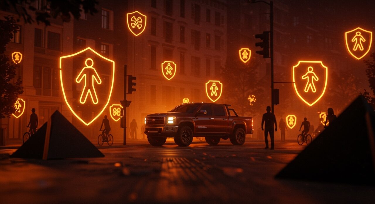 Camioneta americana transitando en ciudad europea, ilustrando los desafíos de movilidad y seguridad vial en Europa.