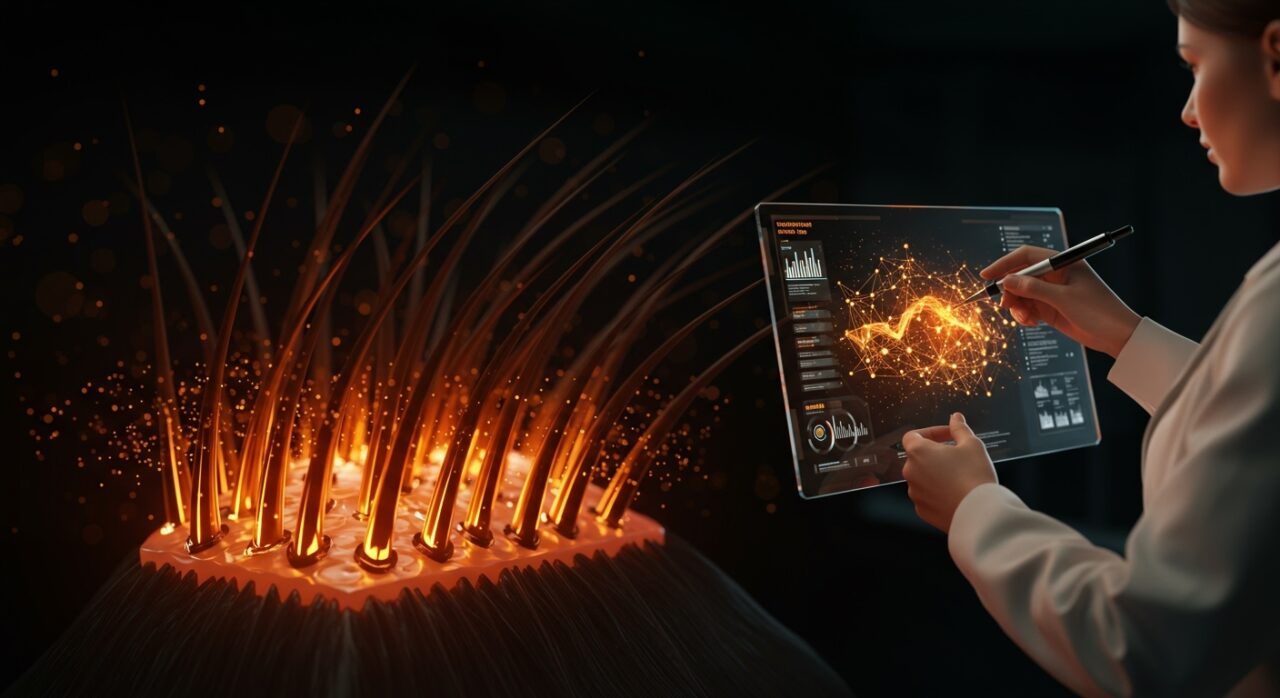 Primer plano de diagnóstico digital de caída de cabello con IA, mostrando tecnología médica y salud digital para startups.