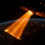 Satélite innovador de luz solar artificial iluminando ciudades nocturnas, simbolizando sostenibilidad e innovación en tecnología espacial.